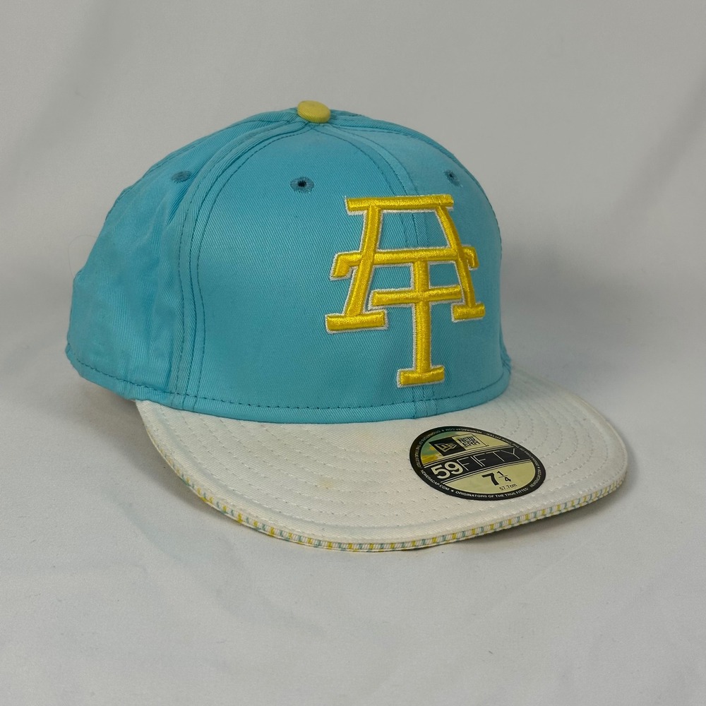 New Era Amongst Friends Fitted Hat Mens 7 1/4 Turquoise Yellow Logo Cap